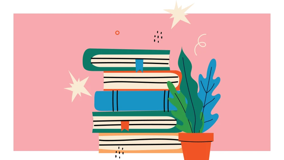 An illustration of stacked books with a house plant beside them.