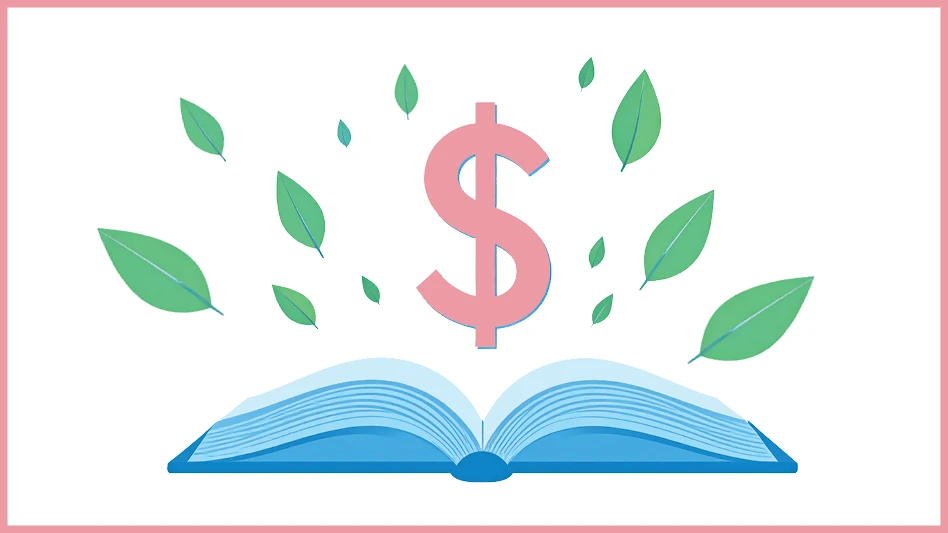 A graphic of a blue book that is opened; coming out of the book are green leaves and a pink dollar sign.