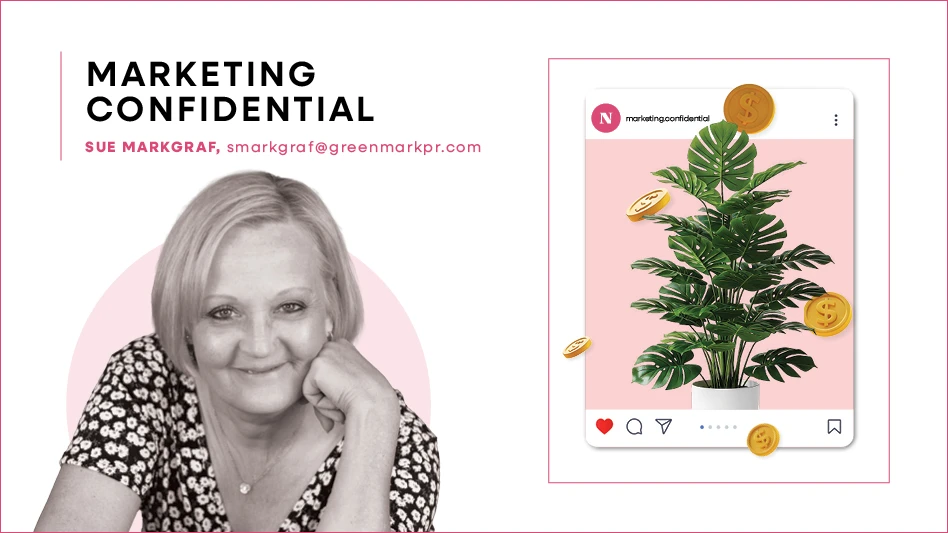 Headshot of Sue Markgraf; to the right is a graphic of a social media post with a plant.