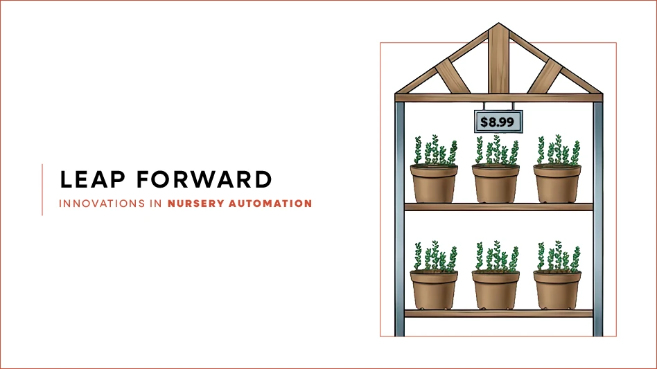 An illustration of potted plants on a shelf; to the left it reads "leap forward, innovation in nursery automation"