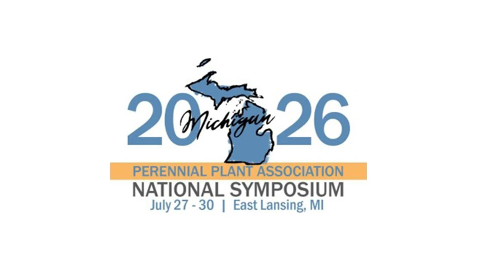 A graphic with blue and black text on a white, orange and blue background reads 2026 Michigan Perennial Plant Association National Symposium July 27-30 | East Lansing, MI.