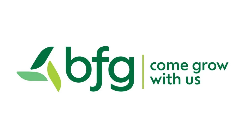 A logo with dark green text on a white background reads bfg come grow with us. To the left of the text is a graphic of three leaves in different shades of green.