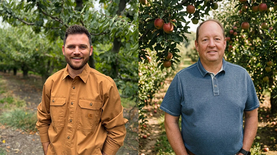 Two photos of smiling men standing underneath trees.
