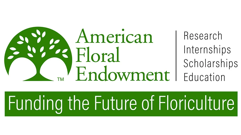 A graphic with green, black and white text on a white and green background reading American Floral Endowment Research Internships Scholarships Education Funding the Future of Floriculture. To the left of the text is a green graphic of a tree.